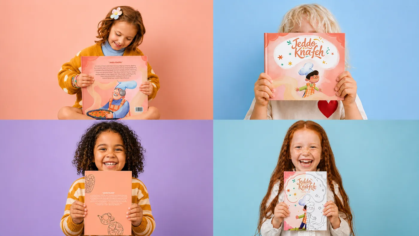 Children smiling with their Jeddo Knafeh books